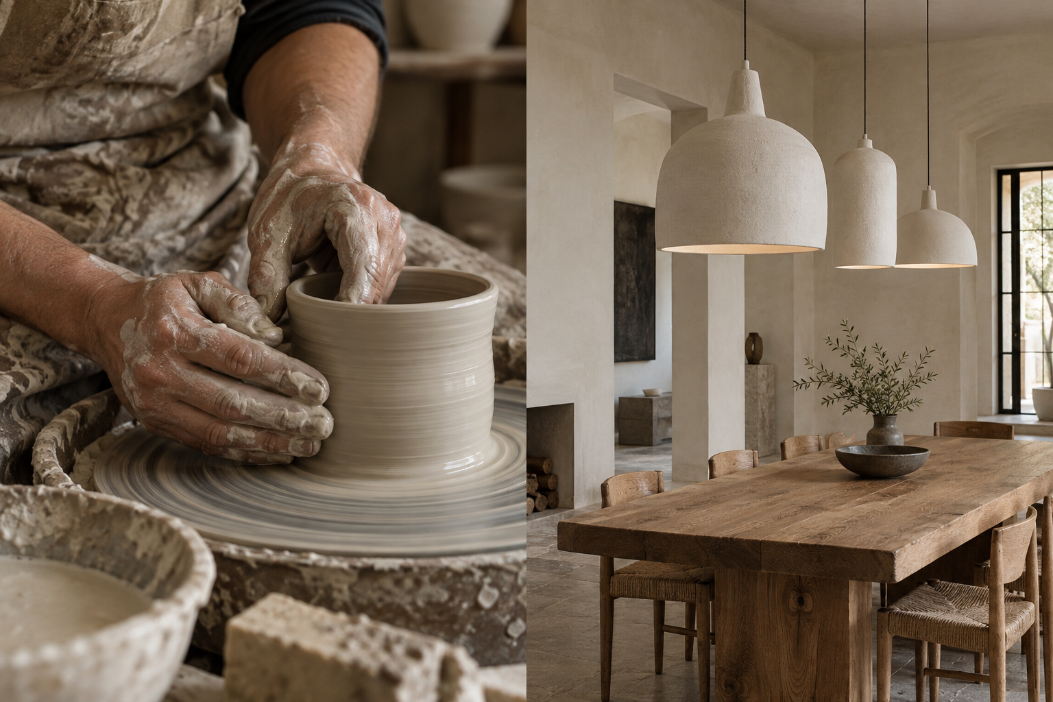 Hands shaping clay and finished lighting in an interior