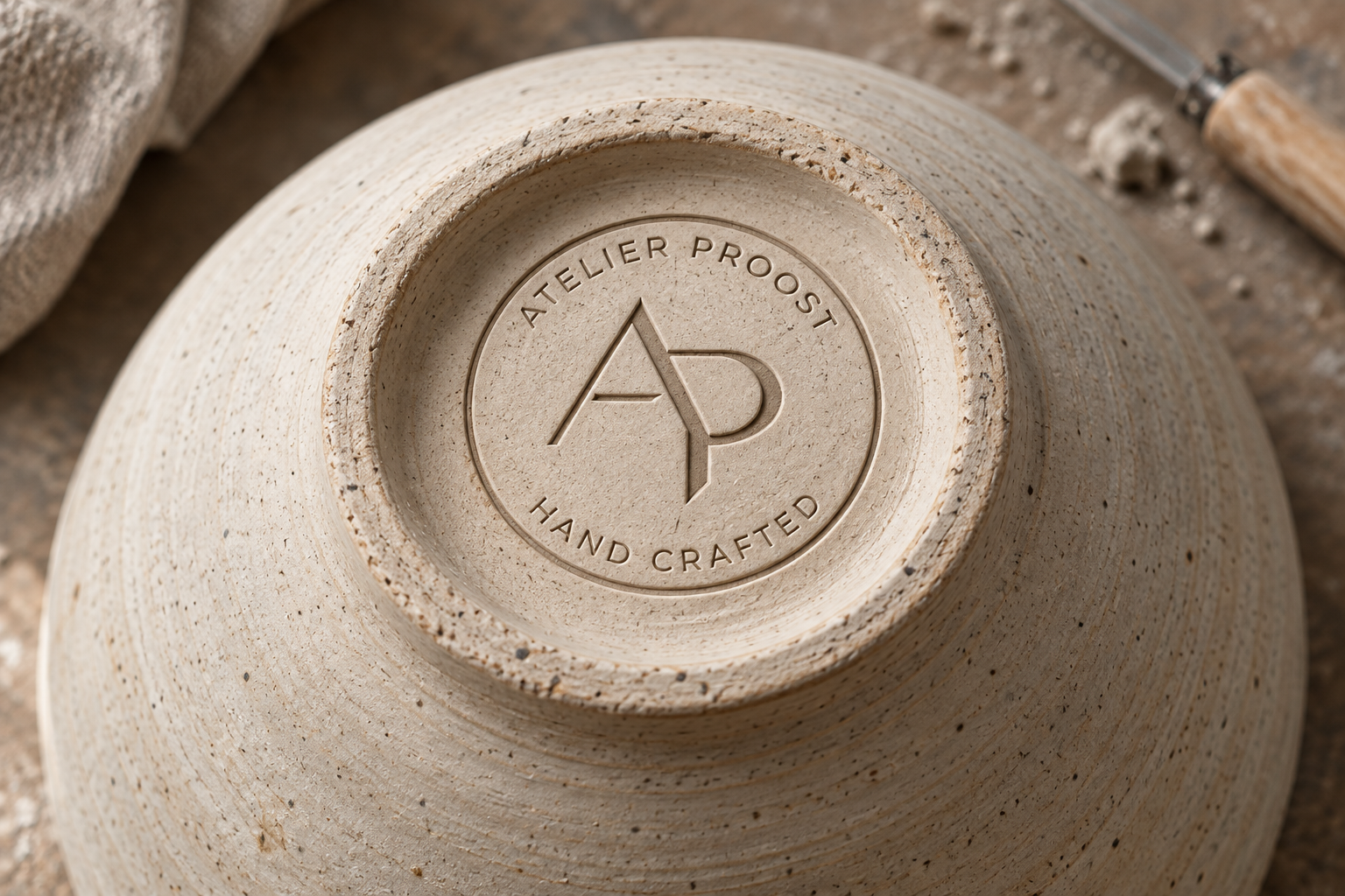 The Atelier Proost maker’s mark impressed into the underside of a ceramic piece